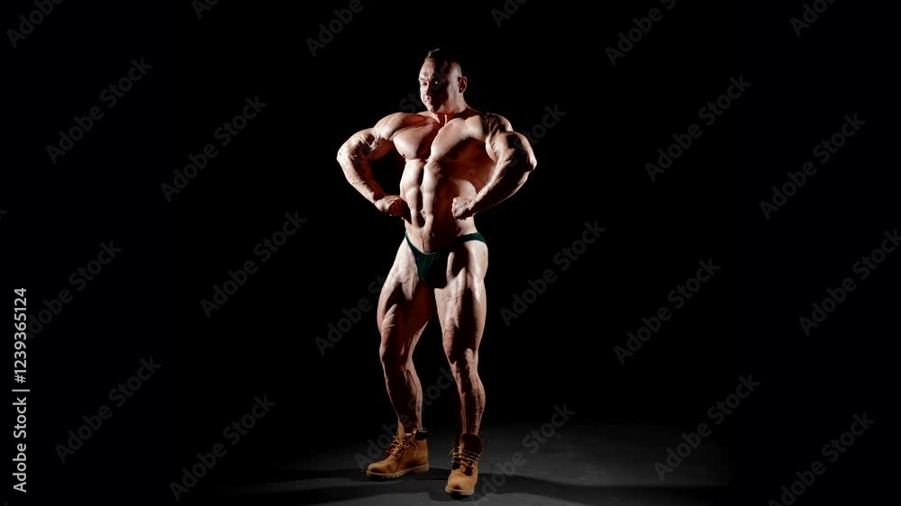 The powerful figure of a bodybuilder on a black background. His confident movements emphasize not only physical strength, but also inner resilience.