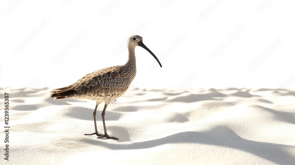 Obraz premium Whimbrel bird on sandy beach, sunny day, wildlife, nature