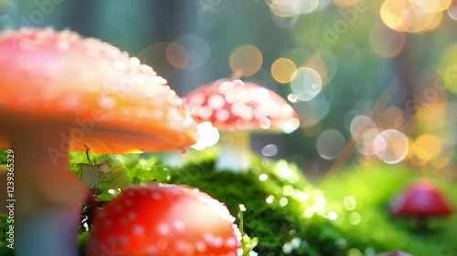 Close-up of Red Mushrooms with Bokeh and Sunlight in Forest