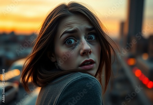 Scared female portrait with cityscape background