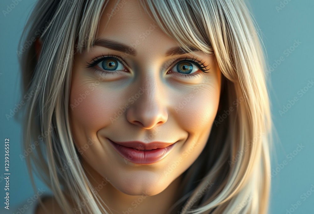 Naklejka premium Young female with gray hair, gentle smile, soft light