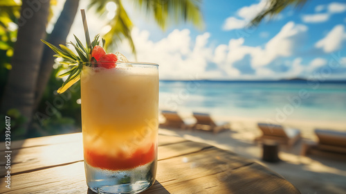 Tropical cocktail served on a beachside table with a beautiful ocean view. photo