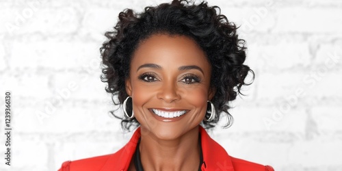 Close-up of smiling black woman with blurred studio background
