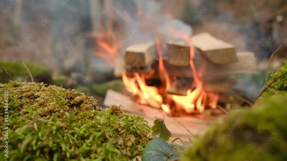 Selective focus of moss-covered stones and bonfire in early spring forest. Tourist campfire with sparks flying in the air. Adventure and nature concept Selective focus of moss-covered stones and bonfire in early spring forest. Tourist campfire with sparks flying in the air. Adventure and nature concept