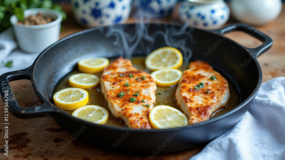 Pan-seared fish fillets cooking on stove top with lemon slices for garnish.