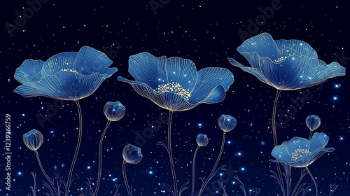 Night sky, glowing blue poppies, floral art, decorative print
