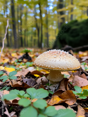 Edible mushroom in the autumn forest, close up photo