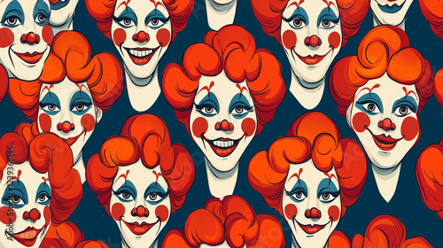 Repeating clown faces in a seamless vintage-style pattern
