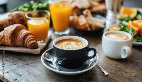 Continental breakfast with fresh croissants, orange juice and coffee, selective focuse. 