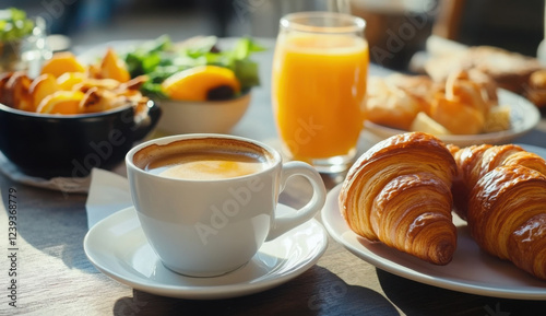 Continental breakfast with fresh croissants, orange juice and coffee, selective focuse. 