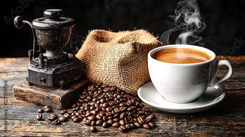 Aromatic coffee steaming in a white cup, beside a burlap sack of beans and an antique grinder. Rustic wood background adds warmth. Perfect for menus, websites, or coffeethemed projects. photo