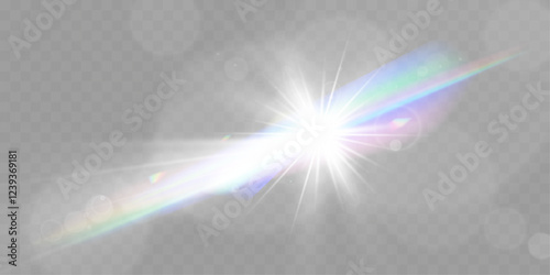 Set of glowing light effects with starbursts and radiating beams on a transparent background, ideal for overlays and decorations.	
