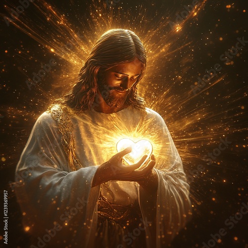 Adorable 3D depiction of Jesus Christ holding a heart, radiating love and warmth with a soft, gentle expression.

