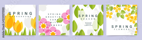 Spring abstract background set with a minimal pattern of flowers and leaves. Vector illustration for Mother's Day, Women's Day March 8, birthday, Easter for social media post, cover, card, advertising