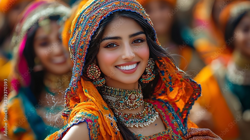Fototapeta premium Vibrant Indo Pak festival where men and women in traditional attire are dancing together challenging gender norms by performing roles usually assigned to the opposite gender