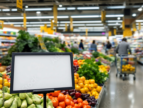 Blank Advertising Sign in Supermarket with Fresh Vegetables in Background