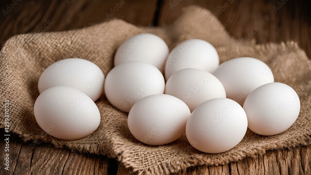 Fresh white chicken eggs on rye fabric, burlap on wooden brown surface in rustic interior. Rustic style, warmth and texture. Fresh white chicken eggs on rye fabric, burlap on wooden brown surface in rustic interior. Rustic style, warmth and texture.