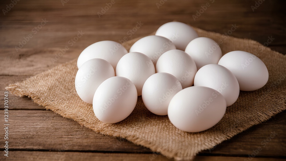Fresh white chicken eggs on rye fabric, burlap on wooden brown surface in rustic interior. Rustic style, warmth and texture. Fresh white chicken eggs on rye fabric, burlap on wooden brown surface in rustic interior. Rustic style, warmth and texture.