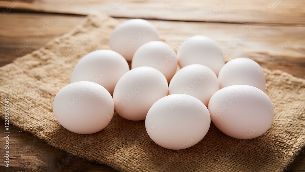 Fresh white chicken eggs on rye fabric, burlap on wooden brown surface in rustic interior. Rustic style, warmth and texture. Fresh white chicken eggs on rye fabric, burlap on wooden brown surface in rustic interior. Rustic style, warmth and texture.