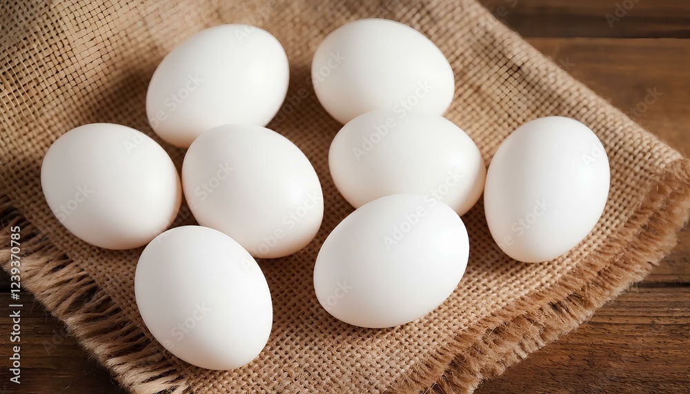 Fresh white chicken eggs on rye fabric, burlap on wooden brown surface in rustic interior. Rustic style, warmth and texture. Fresh white chicken eggs on rye fabric, burlap on wooden brown surface in rustic interior. Rustic style, warmth and texture.