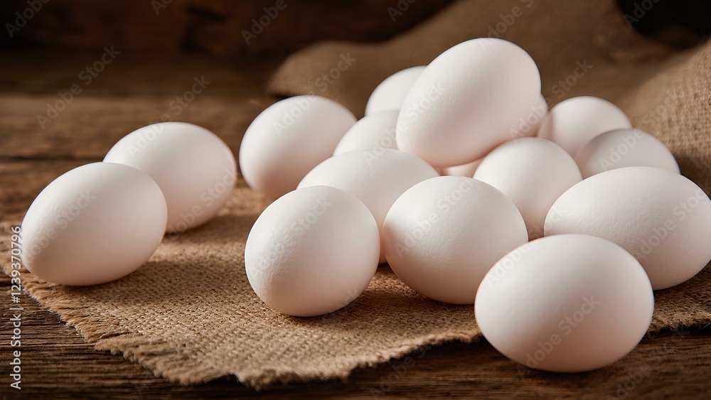 Fresh white chicken eggs on rye fabric, burlap on wooden brown surface in rustic interior. Rustic style, warmth and texture.