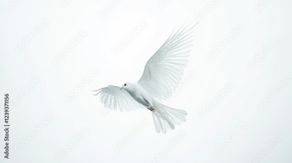 Fototapeta premium White dove in flight, peaceful sky, hope symbol