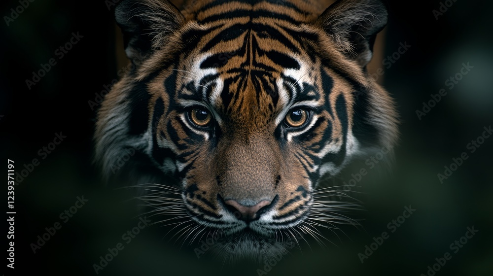 Fototapeta premium Close-up of a rare wild sumatran tiger in dense jungle. Close-up of a tiger's eyes in a wild jungle atmosphere.