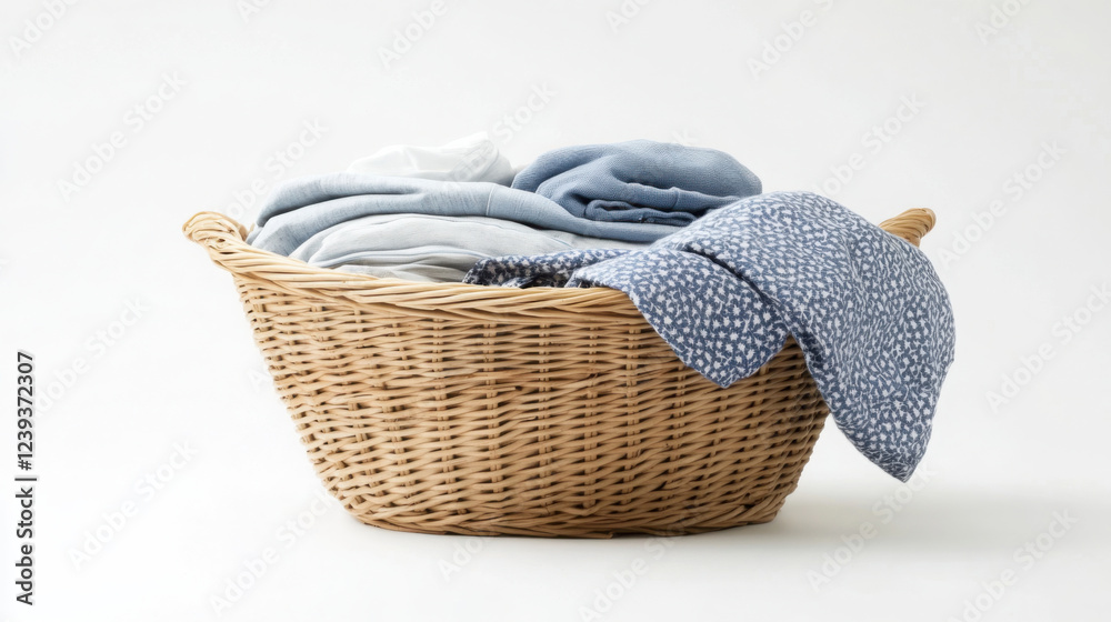 Obraz premium Neatly folded clothes in woven basket for laundry room organization concepts