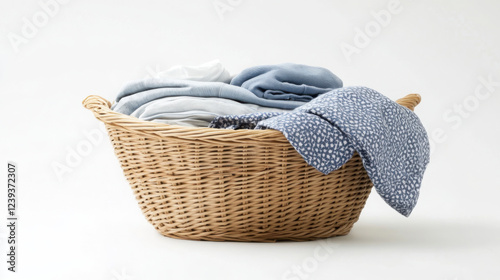 Neatly folded clothes in woven basket for laundry room organization concepts photo