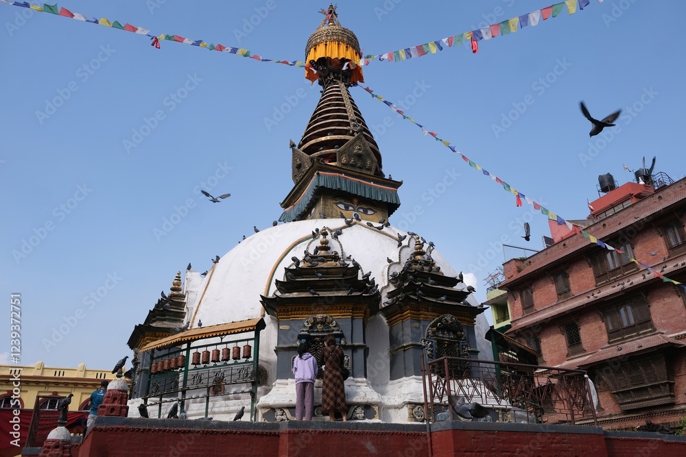 Fototapeta premium Scenery of Kathmandu street with buddhist temple, Nepal