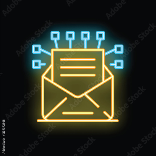 Neon glowing icon of a mail spreading information through network represented by lines and squares