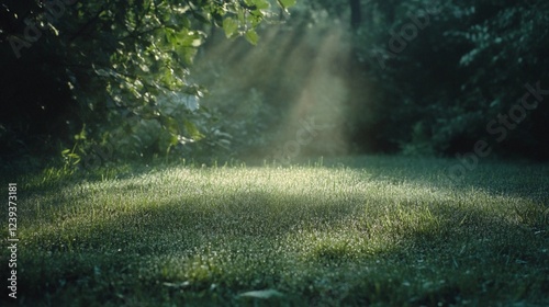 Morning sunlight filters through trees, illuminating dew-covered grass in a serene forest glade