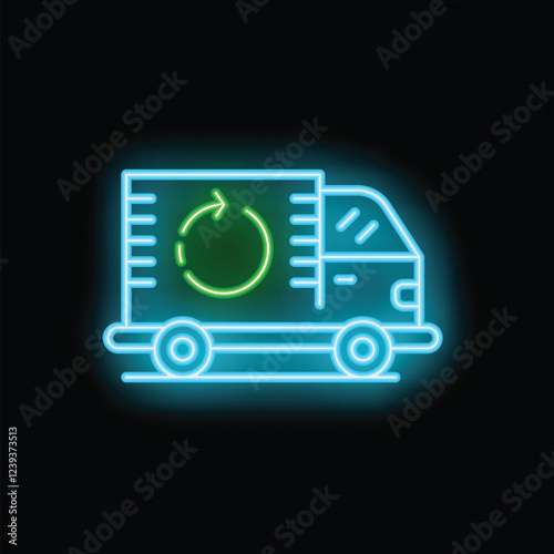 Neon sign depicting a delivery truck with a recycling symbol, representing sustainable delivery services and the circular economy