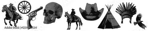 Set of wild west cowboy western vintage halftone grunge vector design elements