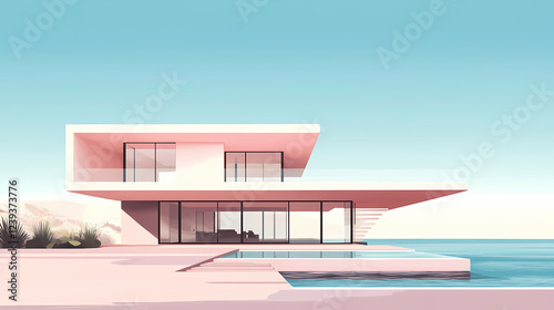 Pink modern house on ocean, minimalist design. Architectural Style. Illustration