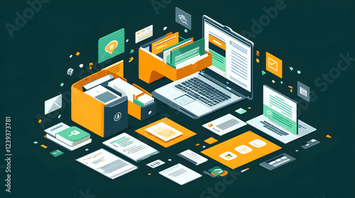 Illustration of digital document management with laptops, folders, and files floating in a modern isometric design photo