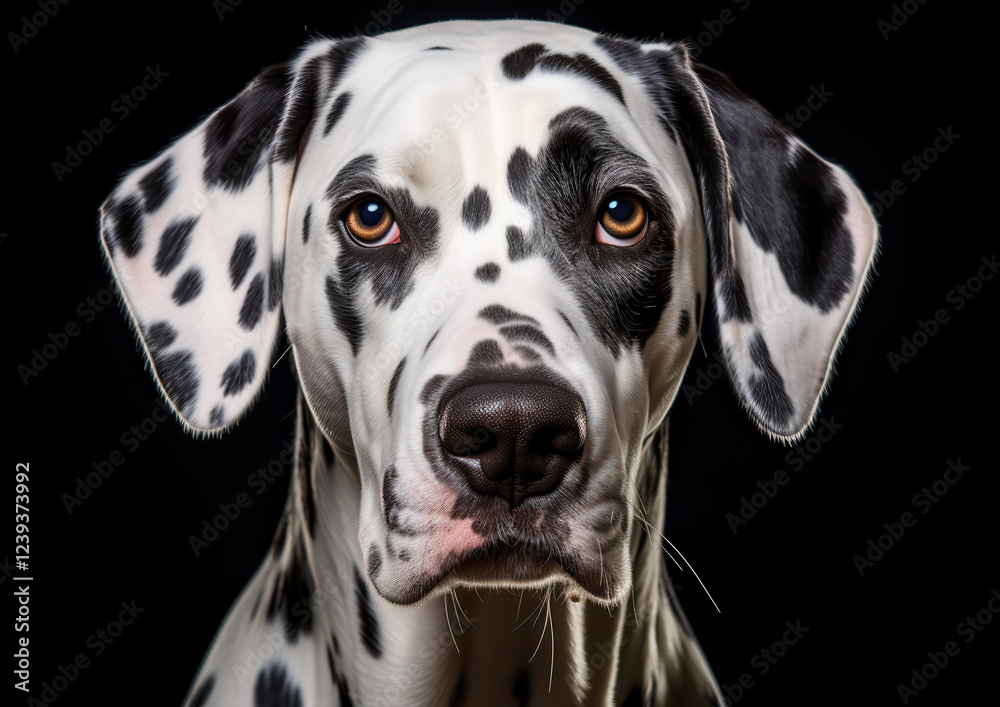Dalmatian dog with distinctive black spots, looking directly at camera, showcasing its expressive eyes and unique coat pattern Dalmatian dog with distinctive black spots, looking directly at camera, showcasing its expressive eyes and unique coat pattern