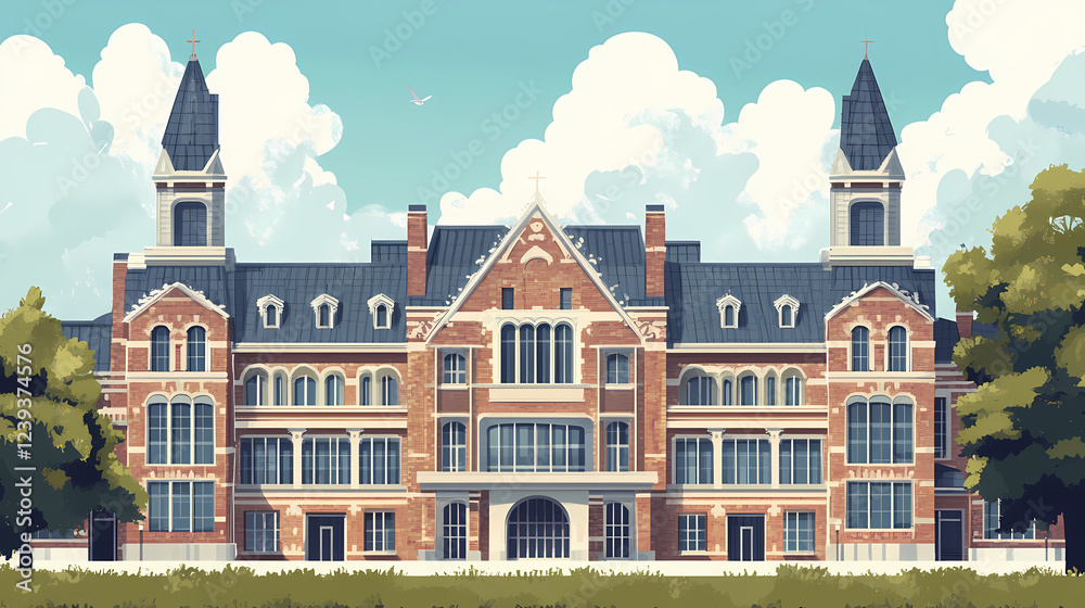 Fototapeta premium Victorian era school building with intricate architectural details. Architectural Style. Illustration