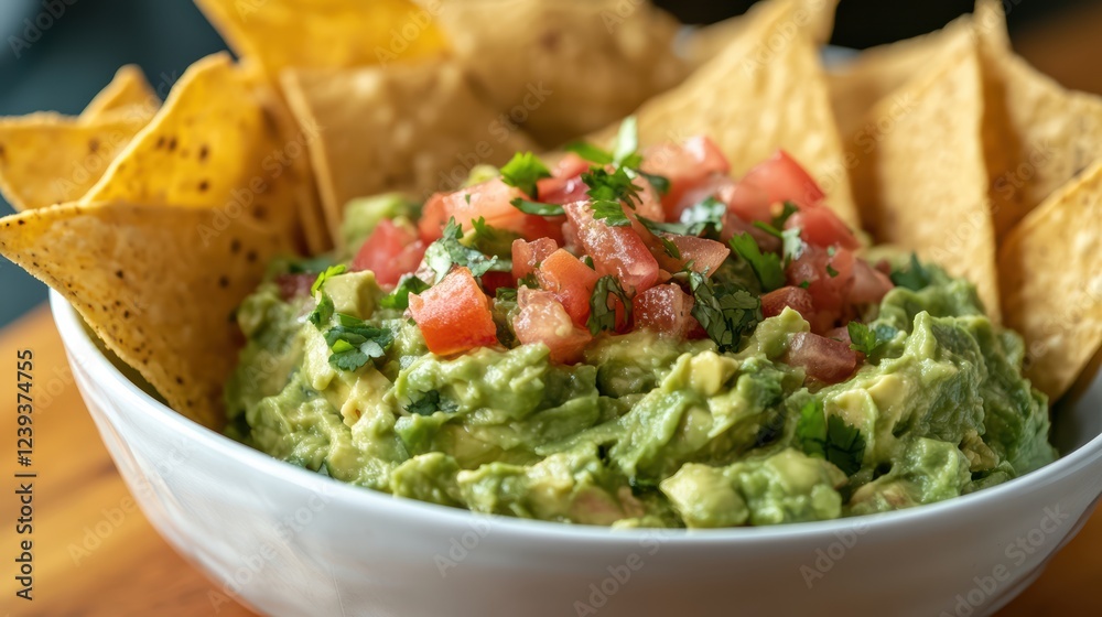 Fresh guacamole with tortilla chips topped with tomatoes and cilantro in bowl Fresh guacamole with tortilla chips topped with tomatoes and cilantro in bowl