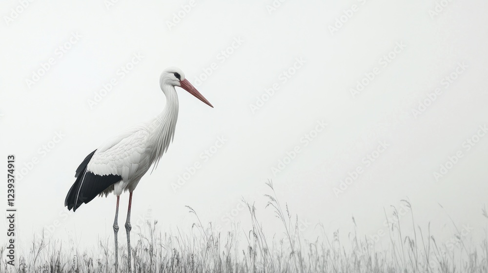 White stork in foggy field, nature scene, wildlife