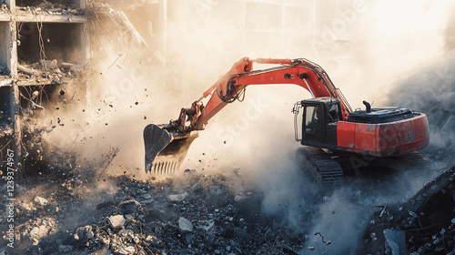 Massive heavy-duty excavator demolishing a building at a construction site surrounded by dust and debris in broad daylight. Generative AI