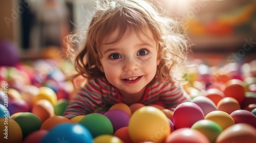 Smiling caucasian child playing in colorful ball pit