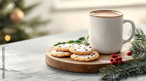 Festive Hot Chocolate and Cookies - Warm hot chocolate in a mug with delicious cookies, perfect for a cozy winter scene. photo