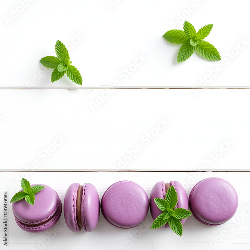 French purple macaroons horizontal line copyspace. Sweet macaroons put in hirizontal line in downside of pictire on white wooden background. Macaroons line decoratrd with mint photo