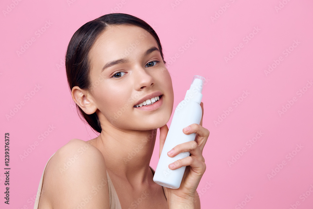 Young woman holding a skincare product with a cheerful expression, against a pastel pink background, promoting healthy skincare routines and self care Young woman holding a skincare product with a cheerful expression, against a pastel pink background, promoting healthy skincare routines and self care