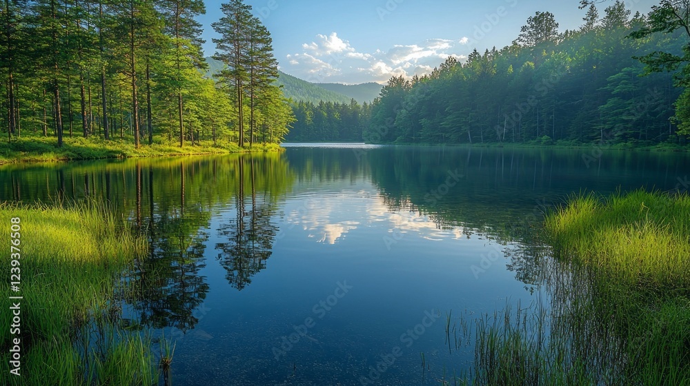 Obraz premium Lush greenery hugs the edges of a placid lake as soft waves ripple gently in the serene dusk light. Reflections of distant trees create a calming harmony with the peaceful water