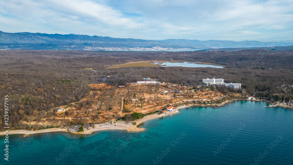 A stunning aerial drone view of Amiss Atea Camping Resort, located near the charming town of Njivice on the beautiful island of Krk, Croatia A stunning aerial drone view of Amiss Atea Camping Resort, located near the charming town of Njivice on the beautiful island of Krk, Croatia