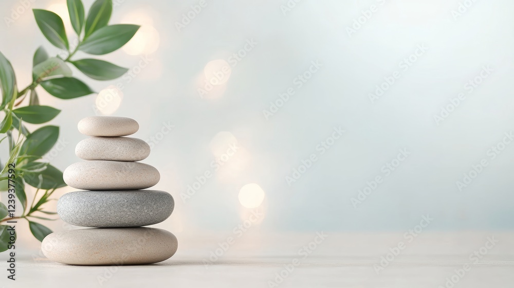 Stack of smooth, gray and beige stones, balanced on a white surface with green leaves and a bokeh background of soft light. Peaceful and serene atmosphere. Stack of smooth, gray and beige stones, balanced on a white surface with green leaves and a bokeh background of soft light. Peaceful and serene atmosphere.