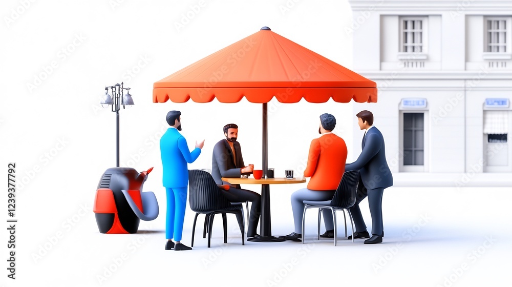 Fototapeta premium Young friends chatting at cafe table with blurred surroundings