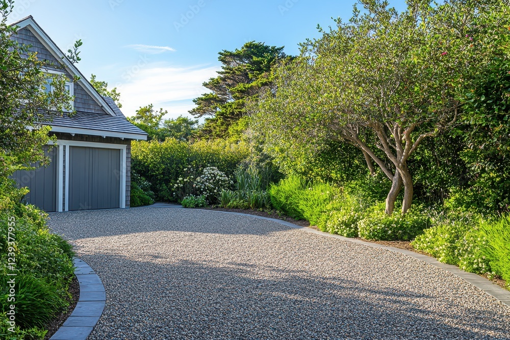 Fototapeta premium Gravel driveway by the coast featuring mature trees bushes and a gray garage